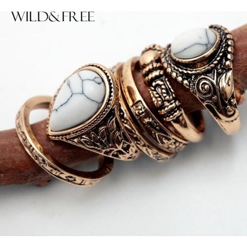 Women 6pcs Vintage Finger Ring Set Antique Gold Plain Circle Knuckle Bohemian Midi Ring Jewelry