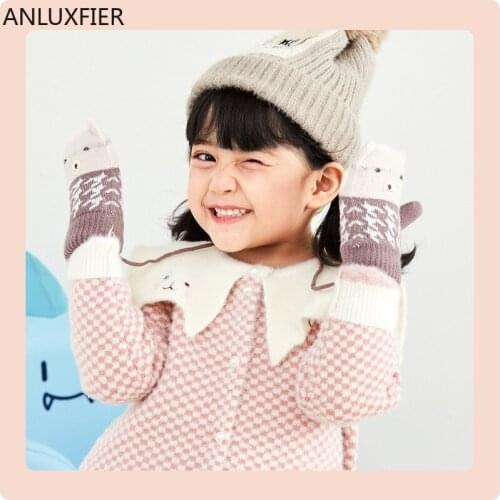 H9990 Children Knitting Gloves Kids Autumn Winter Outdoor Wind Proof Warm Thick Mittens Child Leisure Plush Cute Bear Hand Muff