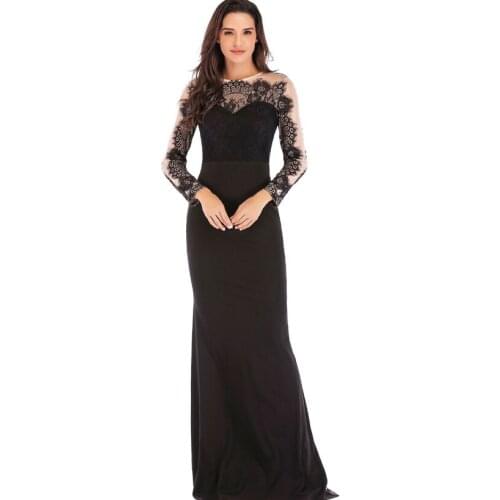 IDress High Quality Lace Embroidery Evenin Dress Long Sleeve Charming Robe Longue Femme Long Dress for Wedding Party for Woman