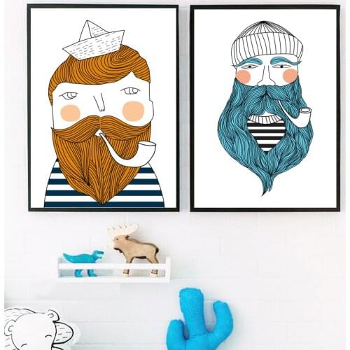 Cartoon Sailor Fisherman Beard Illustration Wall Art Canvas Painting Nordic Posters And Prints Wall Pictures For Kids Room Decor