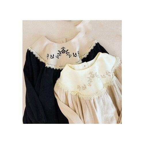 2021 New Korean Style Autumn Baby Girls Embroidery Floral Dresses with Apron Long Sleeve Toddlers Kids Dress Children Clothes