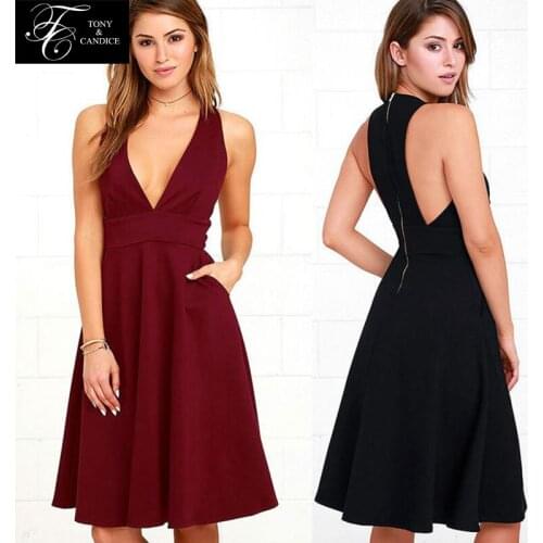 V-Neck Sexy Women Evening Dress Double Pockets Big Swing A-Line Dress For Ladies In Party Sleeveless Women Clothes In Summer