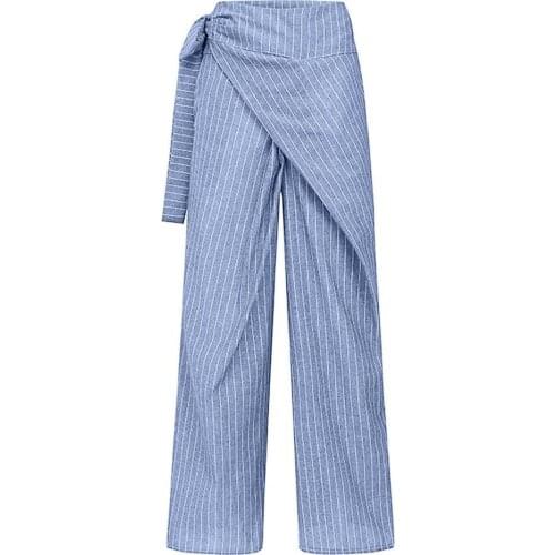 Plus Size Women Pants Stripes Wide Leg Slacks High Waist Pockets Bandage Trousers Work Fashion Casual Loose Pants