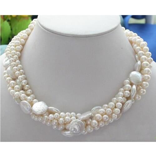 Unique Pearls Jewellery Store Real Pearl Necklace 5 Row 18'' 14mm White Coin Round Freshwater Pearl Necklace Wedding Party Gift
