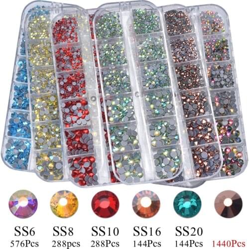 High Brightness Mixed Size 1440Pcs / Pack Crystal Transparent AB Non-Thermal Modification Flat Bottom Diamond Nail 3D