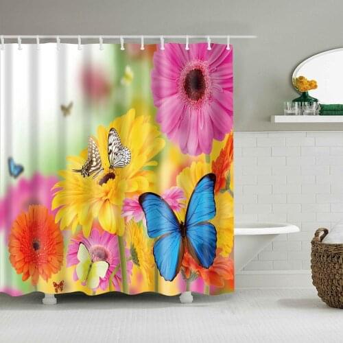 Plant Shower Curtain Chrysanthemum Butterfly Fashion Bath Accessories with 12 Hooks Waterproof Polyester Fabric Bathroom Decor