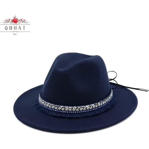 QBHAT Women Wool Felt Jazz Fedora Hats Trilby with Ribbon Tassels Decorated Trend Men Women Wide Brim Panama Gambler Hat