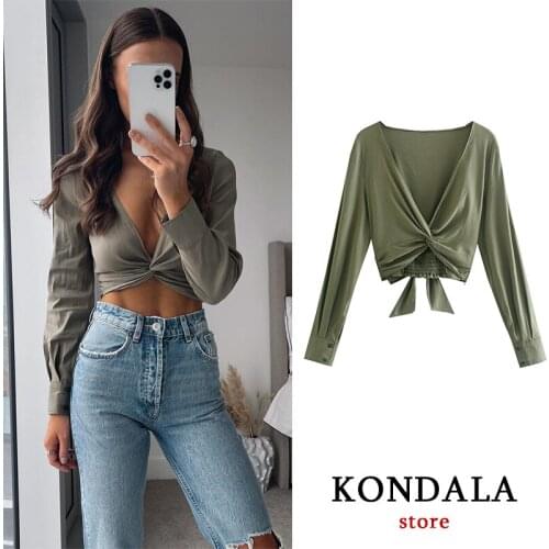 KONDALA Za Women Solid Green Corset Sexy Short Blouse Women Fashion 2021 Long Sleeve V Neck Autumn Cropped Mujer Tops Chic Shirt