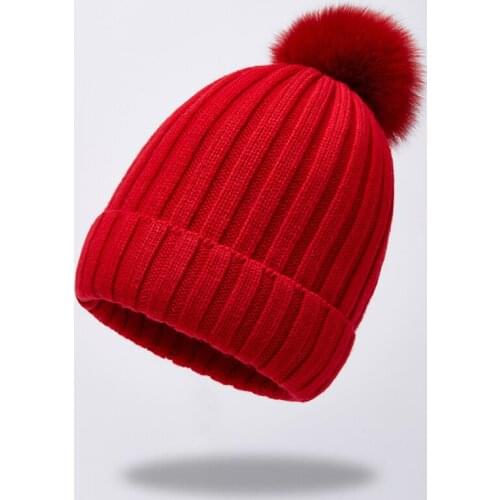 Hat Women Winter Beanie Wool Knit Autumn Fox Fur Pompom Warm Skiing Accessory Outdoor Cap For Teenagers Girl Luxury