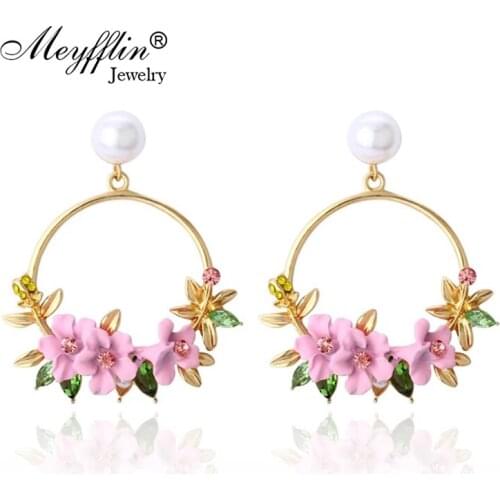 Meyfflin Korean Style Flower Drop Earrings for Women Fashion Circle Round Earring Female Jewelry Simulated Pearl Dangle Brincos