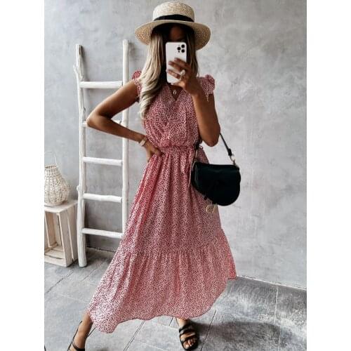 Summer Dress Womens Clothing 2021 Floral Print A-Line Dresses Y2K Ruffles Sleeveless Long Dress For Women Vestidos Femme Robes