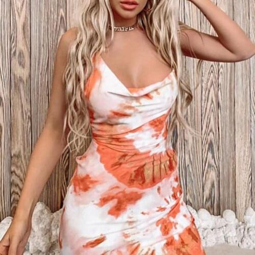 2021 Summer Women Bodycon Dress Tie Dye Print Long Sexy Backless Lace Up Robe Spaghetti Strap Sling Midi Female Dresses