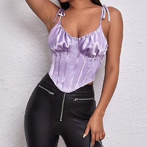 Women Sexy Solid Color Bustier Sling Tops Low-Cut V-Neck Strap Lace-Up Pleated Chest Irregular Hem Slim Back Zipper Camisole