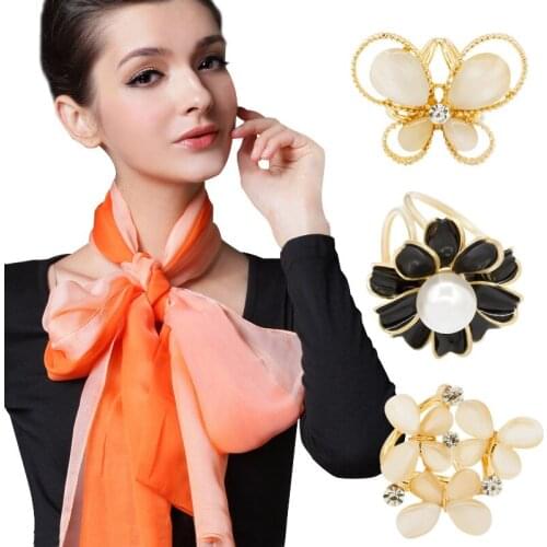 9 Styles Scarf Buckle Silver Plated Golden Black Flowers Butterfly Drop-Shaped Opal Simulated Pearl Ctystal Brooches For Women