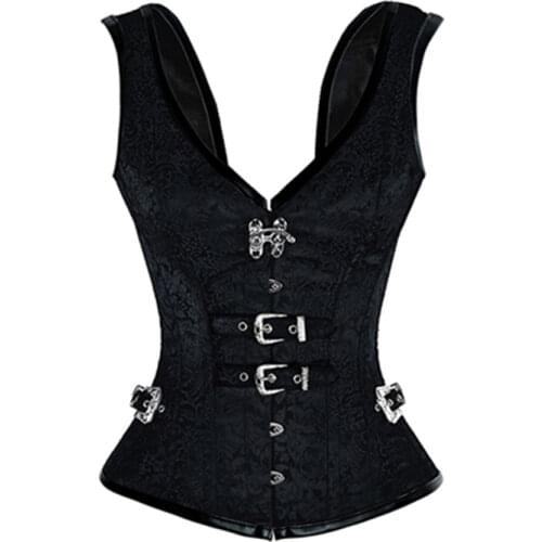 Black Gothic Style Brocade Vest Corset Woman 12 Steel Bones V-Neck Silver Buckle Slimming Waist Corset Top S-XXL