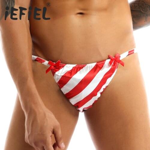 Men Sexy Cosplay Triangle Panties Shiny Satin Red&White Striped Low Rise Christmas Sissy Panties Sting Bikini Breifs Underwear