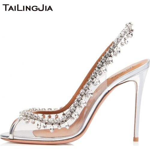 Elegant Peep Toe High Heel Slingbacks with Crystal Silver Wedding Shoes for Women Transparent PVC Evening Pumps Summer Shoes