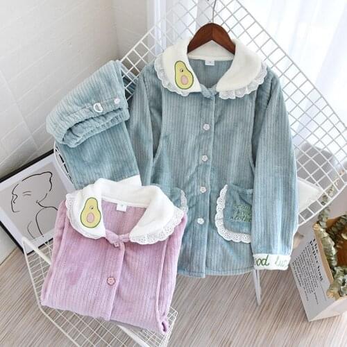 Avocado Flannel Nursing Pajama Set Pregnant Women Have Nursing Mouth Fall Winter Thicken Long Sleeve Nursing Clothes Robe Sets