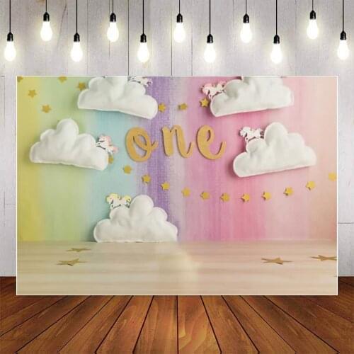 Mehofond 1st Birthday Photography Background Rainbow White Cloud Unicorn Stars Baby Shower Birthday Decor Photo Studio Backdrop