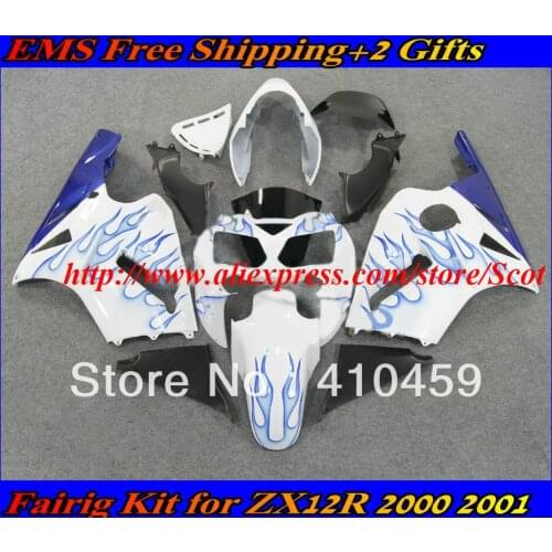 Blue flames white Fairing kit for KAWASAKI Ninja ZX12R 02 03 04 05 ZX 12R 2002 2005 ZX-12R 02-05 Motorcycle Fairings set