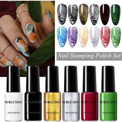NICOLE DIARY 6ml Nail Art Stamping Polish Set Black White Printing Varnish Nail Polish DIY Design for Stamping Plate Nails