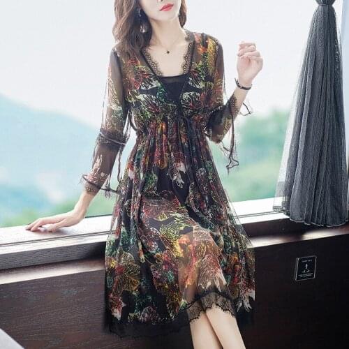 Fashion 100% Silk Vintage Dress Woman Spring Summer Dresses for Women Floral Beach Dress V-neck 2021 Vestido De Mujer Pph3282