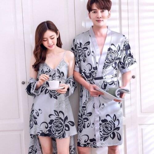 Men Champagne Gown Comfy Sleepwear Casual Short Sleeve Lovers Bathrobes Man Loose Print Nightgown Fashion Lace Up Dressing