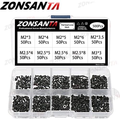 ZONSANTA 500Pcs M2 M2.5 M3 Screw Flat Head Phillips Machine Screws Laptop Notebook Screws Set Kit computer small Black Bolts