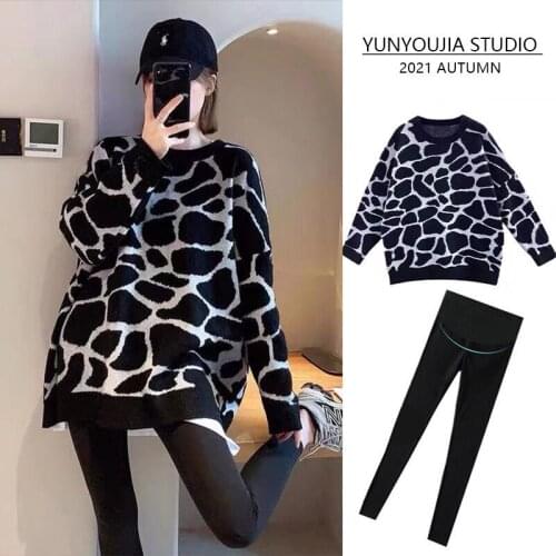 Maternity wear autumn/winter pullover sweater Korean loose large size loose leopard sweater suit