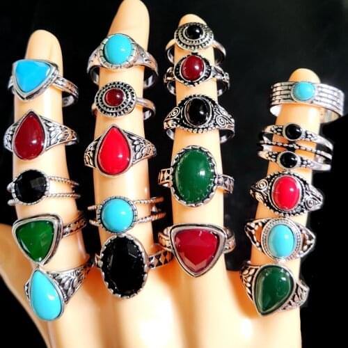 Wholesale 50pcs/lot Beautiful Vintage Stone Ring Antique Silver Women Glass Crystal Stone Rings Wedding Jewelry Bulk Mix lot