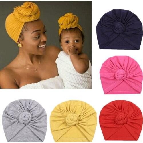 Parent-child Fold Pullover Hat African Pre-Tied Headwrap Bonnet Pure Color Cotton Turban Caps Women Chemo Hat Yoga Hat