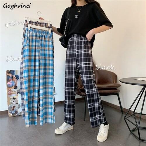Plus Size S-3XL Plaid Casual Pants Women Ankle-length Trousers Empire Elastic Waist Straight Students All-match Streetwear Chic