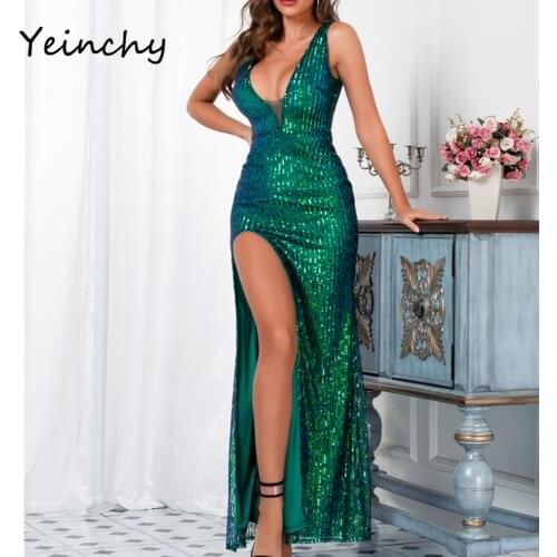 Yeinchy sexy ladies V Neck stretch Sequins high split Women Maxi Dresses Elegant bodycon backleess Female Party Dresses FM6183