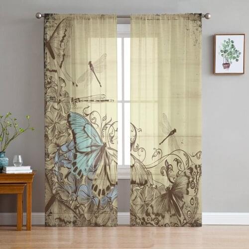 Wood Grain Plant Butterfly Retro Voile Tulle Sheer Curtains for Bedroom Living Room Kitchen Decor Chiffon Windows Curtain