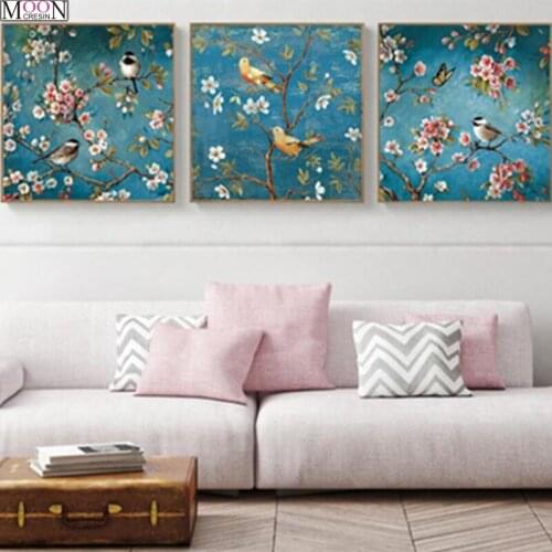 Triptych 5D DIY Diamond Painting Cross Stitch Brids Flowers 3D Diamond Mosaic Full Square Drill DIY Diamond Embroider Decoration
