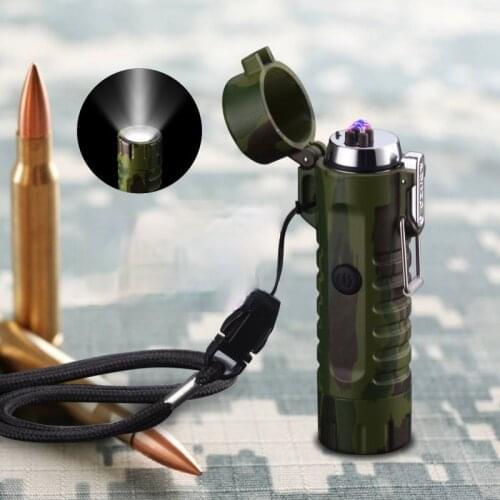 Outdoor Camping LED Flashlight Windproof Cigarette Lighter Double Arc Sealed Waterproof USB Rechargeable Lighter Gift for Men