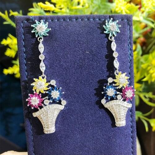 Blachette Unique Plant Flower Potting Pendant Shape Cubic Zirconia Engagement Party Drop Earrings Jewelry For Women Daily Party