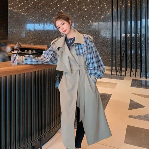 Womens Windbreaker Long Spring Autumn 2021new Splicing Plaid Fashion Loose Single-breasted High-quality Lining Windproof Coat66