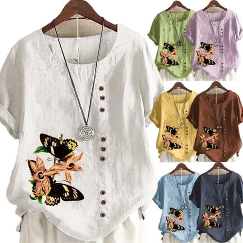 Summer Fashion Womens Butterfly Print Short-sleeve Round Neck Shirt Ladies Cotton and Linen Button Top Loose T-shirt Plus Size