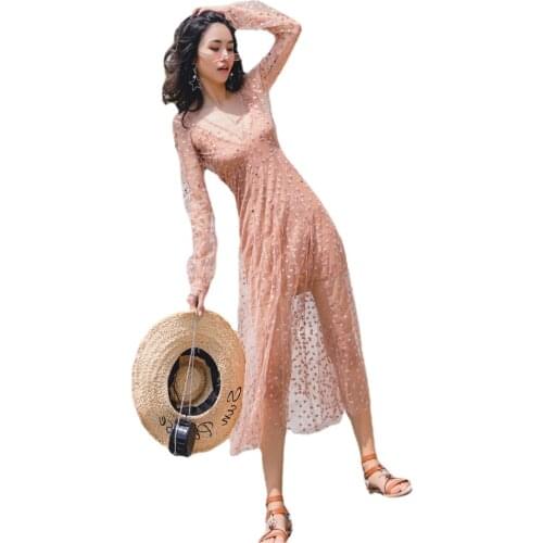 Summer Gauze Star Embroidery Deep V Dress Travel Vacation Luxury Mesh Mid-Calf Long Sleeve Beach Style Women Vestidos