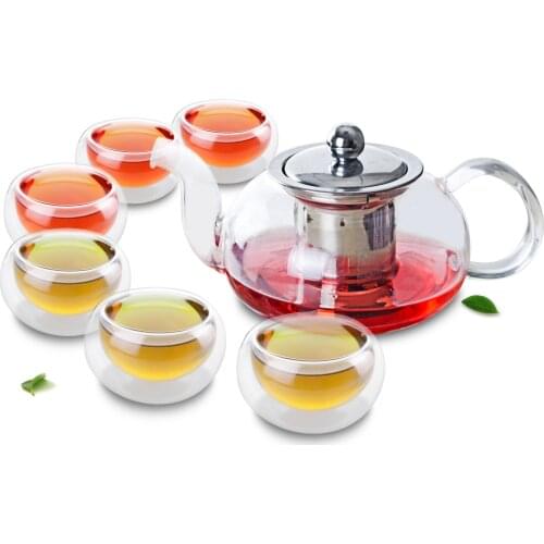 1x 7in1 Kung fu Coffee Tea Set-625ml Short Low Glass Flower Tea Pot with Stainless Steel Infuser Filter +6*Double Wall Layer Cup