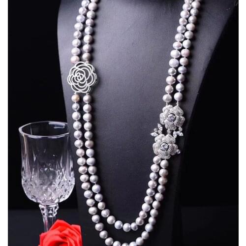 2ROWS freshwater pearl WHITE/GRAY ROUND 8-9MM necklace 24-26" FPPJ wholesale for woman gift