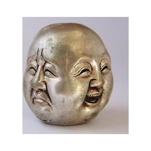 2pcs COLLECTABLES TIBET WHITE COPPER CARVED 4 FACES BUDDHA HEAD STATUE Set crafts Silver