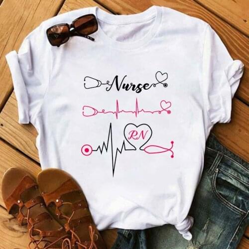 2021 New Summer Fashion Women T-shirt Heart Stethoscope Nurse Leopart Print T-Shirt Cute Love Hearth Printed Tee Shirt