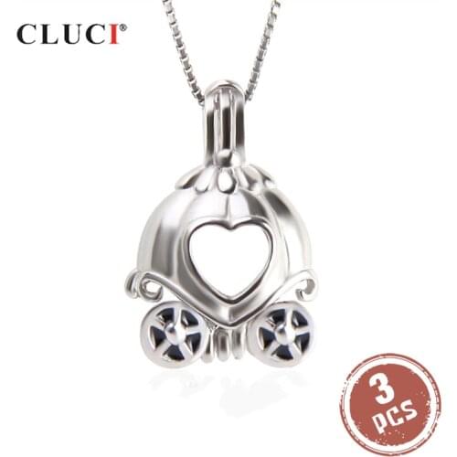 CLUCI 3pcs Lovely Girls Solid 925 Sterling Silver Charm Pendant Cartoon Fairy Tale Pumpkin Car Shaped Cage Pendant Women SC329SB