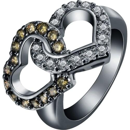 Black ring double heart romantic Rhodium plated vintage gift for women cz finger princess wedding engagement RINGS JEWELLERY