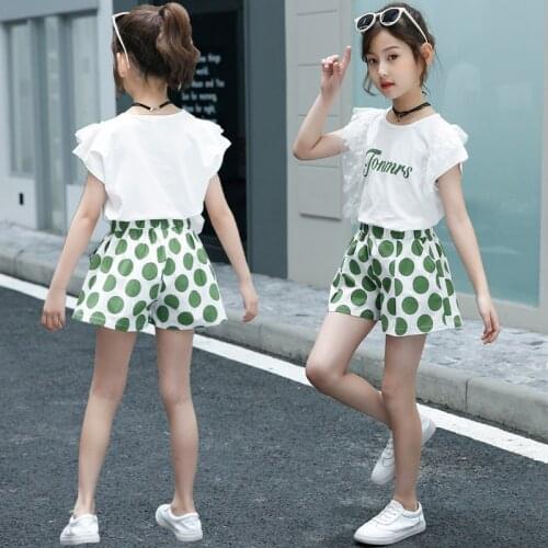 2021 Summer Kids Clothes Teenager Girl Children Outfits Short t shirt + polka dot shorts skirt Casual 6 8 10 12 13 15 14 Years