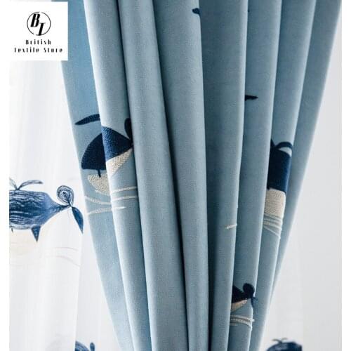 Whale Childrens Curtains Shading Boys and Girls Bedroom Cartoon Embroidered Curtains