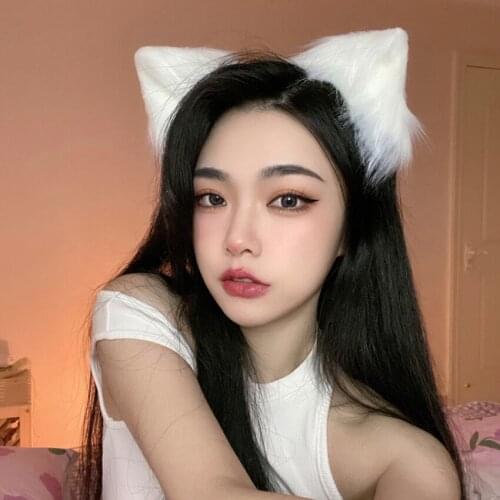 Cat Ears Headband Cosplay Make Up Girl Plush Furry Ears Halloween Cosplay Party Headbands for Women Girls Adult, Black, White