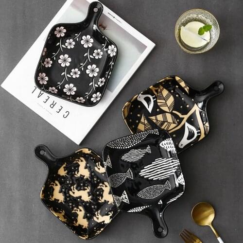 Nordic ceramic bakeware with handle creative household ceramic dish baked rice plate net red underglaze color serving plate